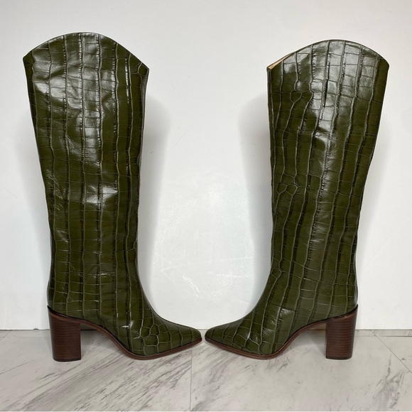 Schutz Maryana Green Crocodile Embossed Tall Block Heel Boot 5B - Picture 6 of 16